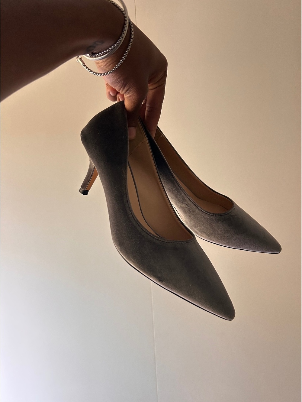 Newbella Gray Suede Pointed Toe Kitten Heel Pumps